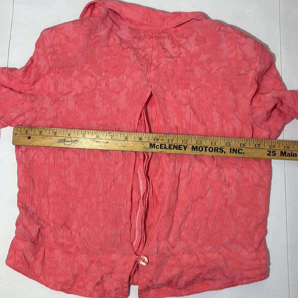 Vintage pink smocked open back cropped short sleeve button down relaxed blouse M - Picture 12 of 14